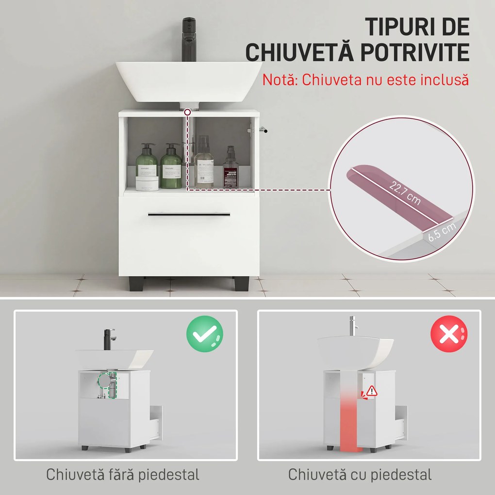 HOMCOM Dulap de Baie Sub Lavoar cu Sertar și Dulap, Unitate Economisitoare de Spațiu, 41,5 x 35,5 x 59 cm, Alb | Aosom Romania