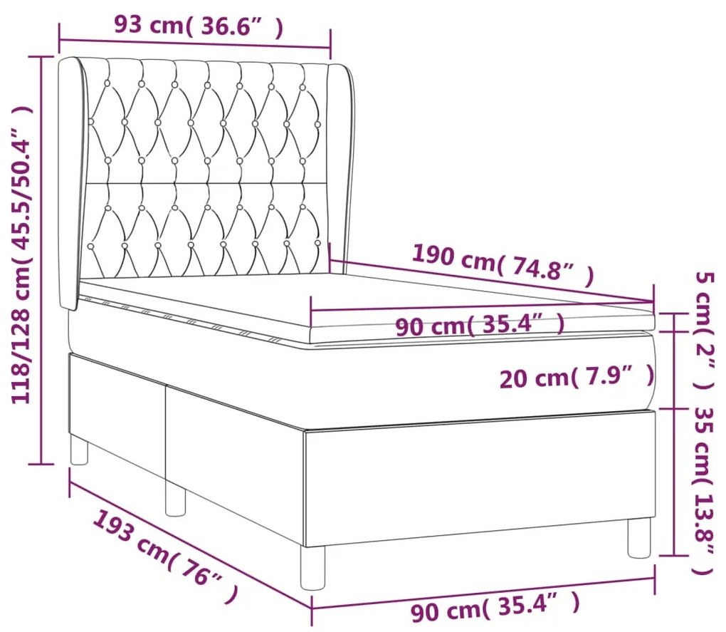 Pat box spring cu saltea, roz, 90x190 cm, catifea Roz, 90 x 190 cm, Design cu nasturi