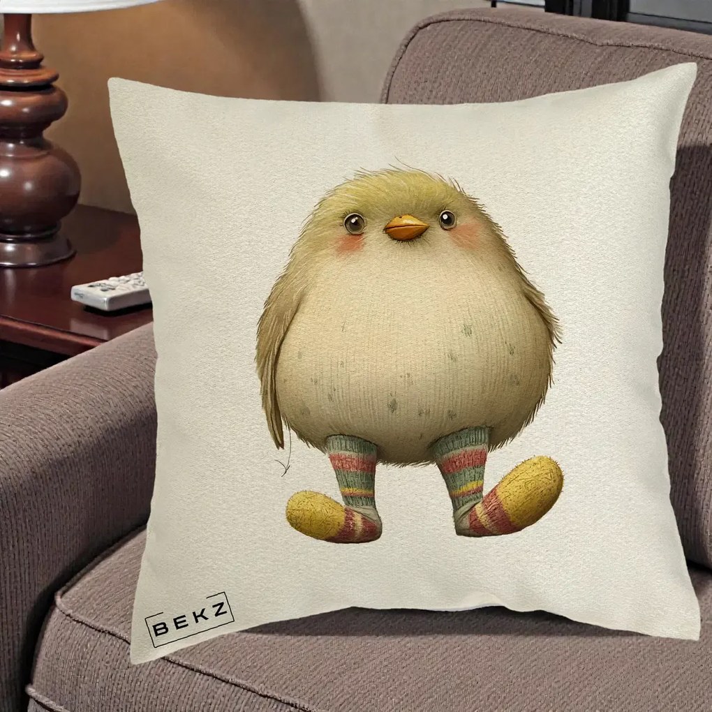Perna Decorativa Pui Pufos cu Sosete Dungate, 40x40 cm, Ecru, Husa Detasabila, Perna Inclusa, BEKZ®