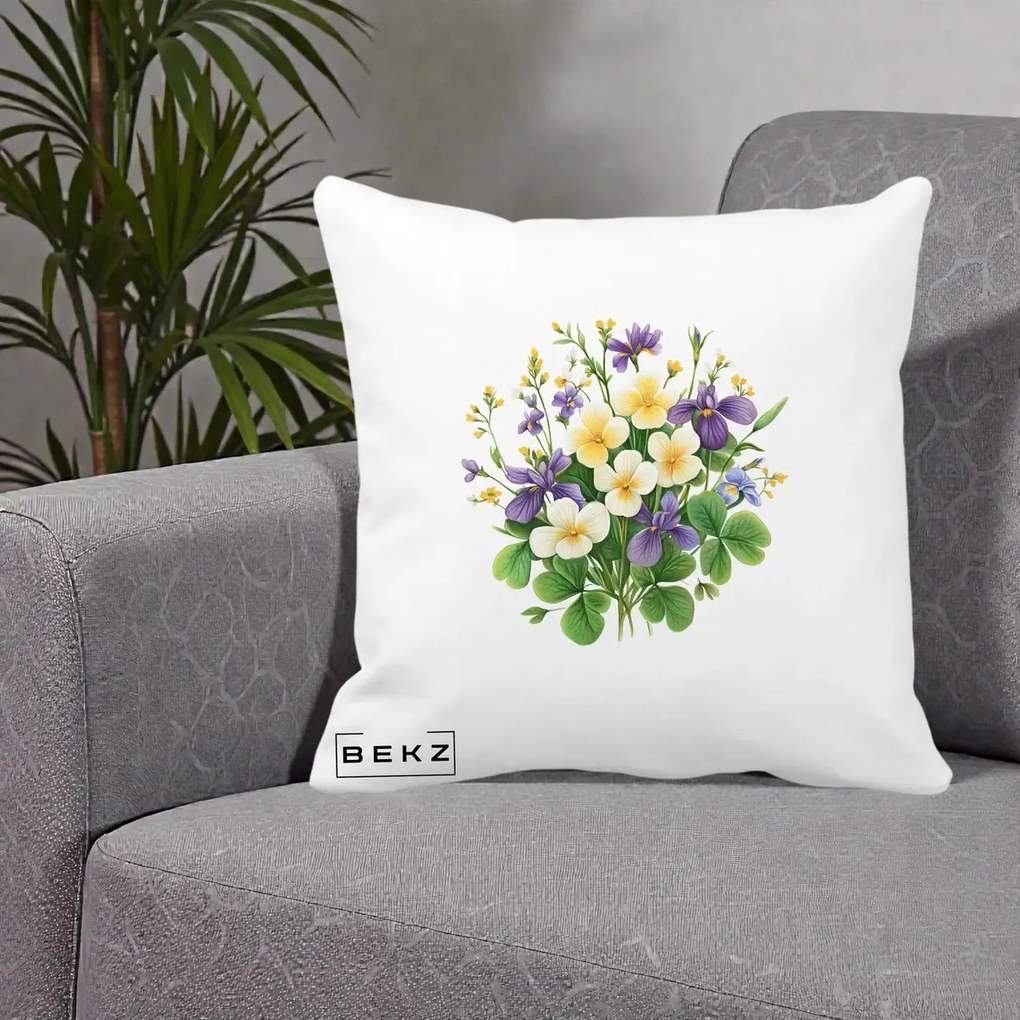 Perna Decorativa Viorele Iris Violet si Trifoi, 40x40 cm, Alba Mata, Husa Detasabila, Perna Inclusa, BEKZ®