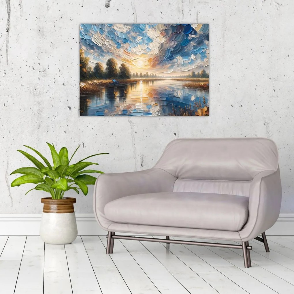Tablou pe sticlă - Pictură cu soarele deasupra apei (70x50 cm)