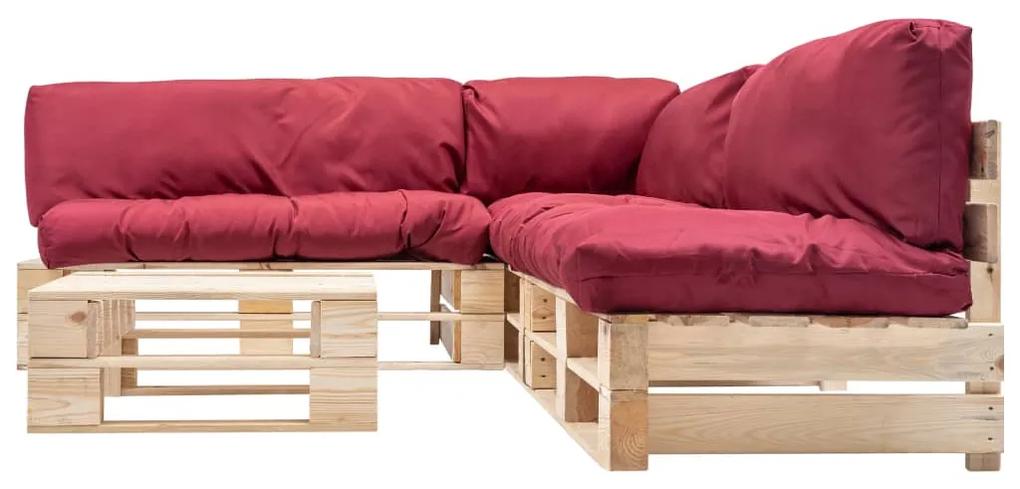 277489 vidaXL Set mobilier de grădină paleți cu perne roșii, 4 piese, lemn