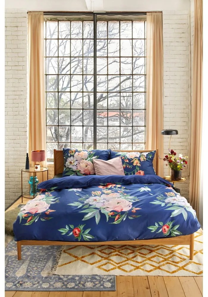 Lenjerie de pat din bumbac satinat pentru pat dublu Bonami Selection Floret, 200 x 220 cm, albastru marin