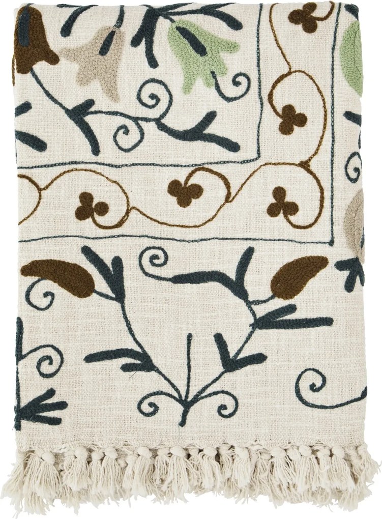 Pătură din bumbac brodată manual cu motive suzani, 130×180 cm, „Suzani Green"