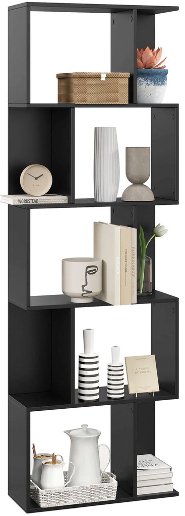 HOMCOM Bibliotecă cu 5 Rafturi Divizate în Formă de S din Lemn, 60x24x184.5 cm, Negru | Aosom Romania