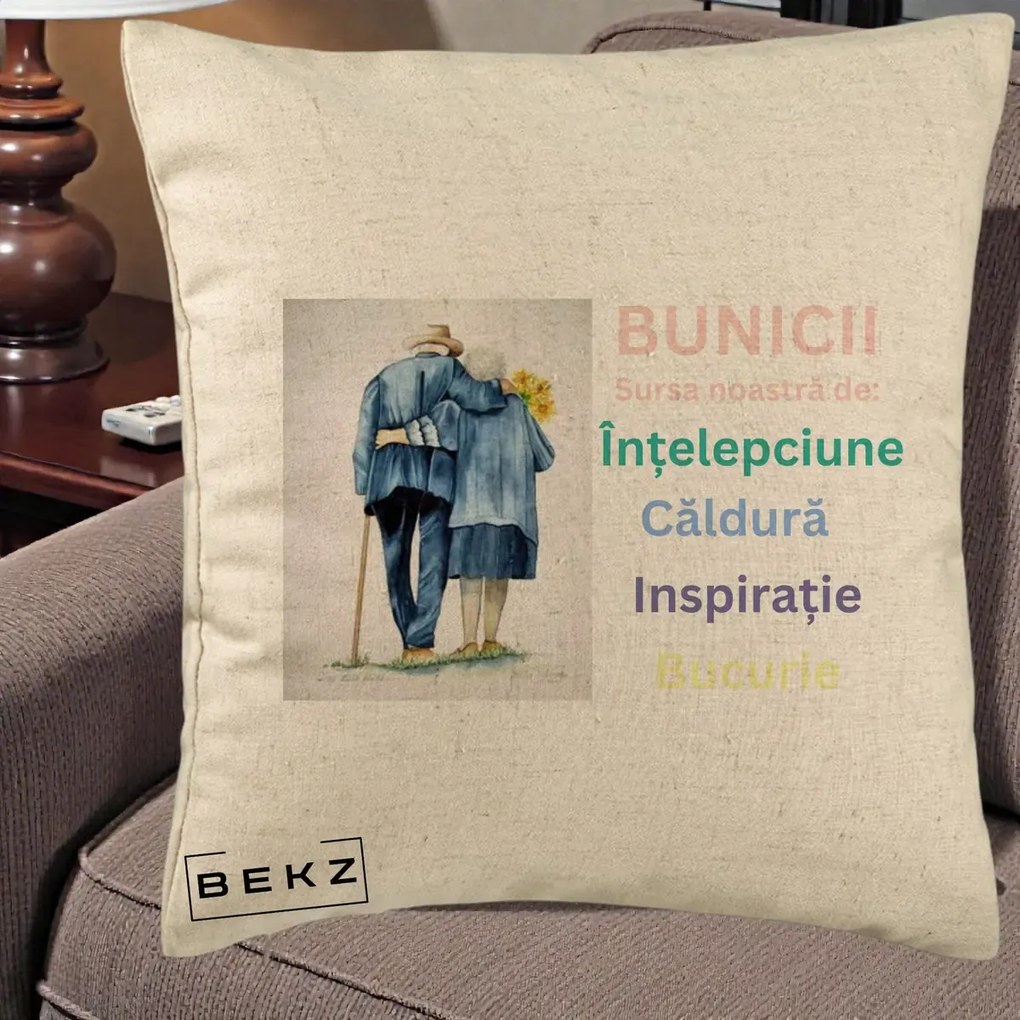 Cadou pentru Bunici - Perna Personalizata Bunicii Sursa Intelepciune Caldura Acuarela, 40x40 cm, Bej, Husa Detasabila, Perna Inclusa, BEKZ®
