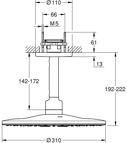 Palarie dus fix Grohe Rainshower 310 SmartActive, O31 cm cu brat, montaj pe tavan, crom