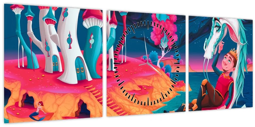 Tablou - Prinț și prințesa cu dragon (cu ceas) (90x30 cm)