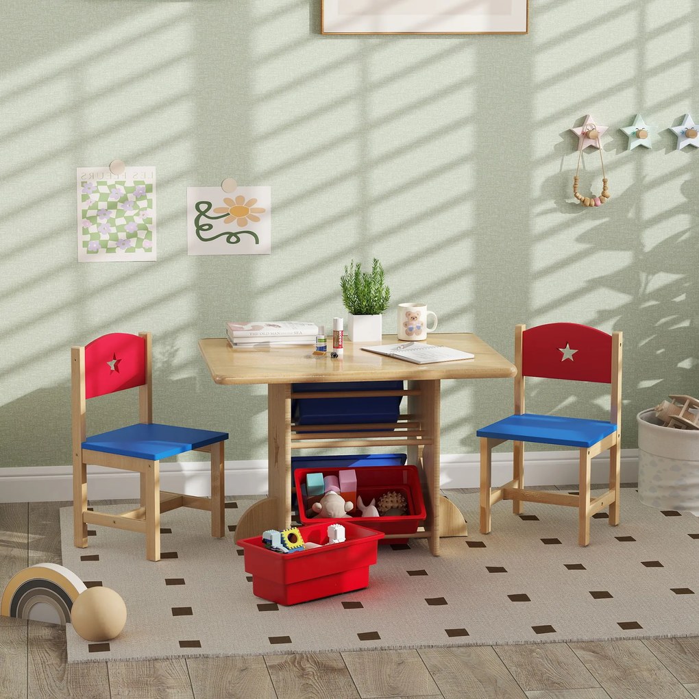 AIYAPLAY Set Masă și Scaune pentru Copii 3-7 Ani, cu 2 Scaune și 4 Compartimente de Depozitare, 77x57x50 cm, Lemn Natural | Aosom Romania
