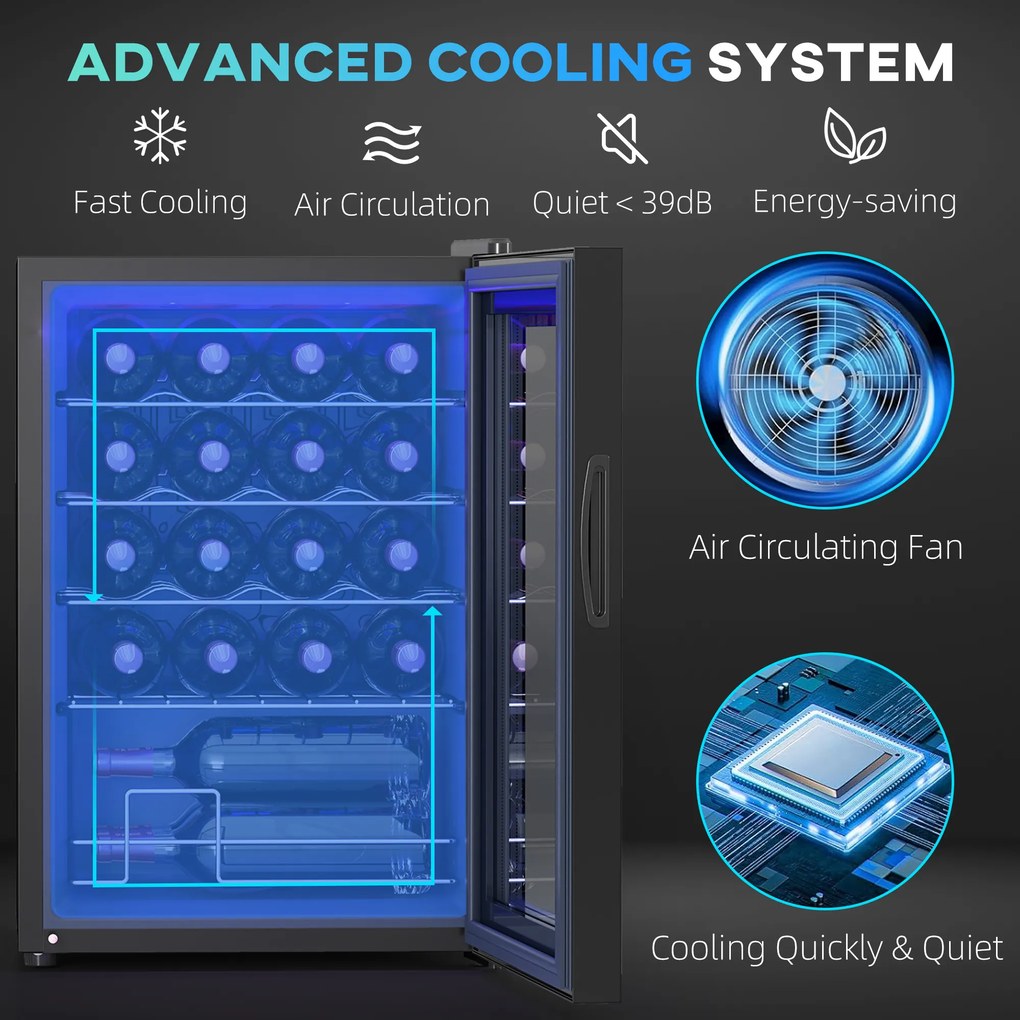 HOMCOM Frigider pentru Vinuri de 20 Sticle cu Temperatură Unică 5-18°C, Geam Anti-UV și Rafturi Reglabile, 43x45x64 cm, Negru | Aosom Romania