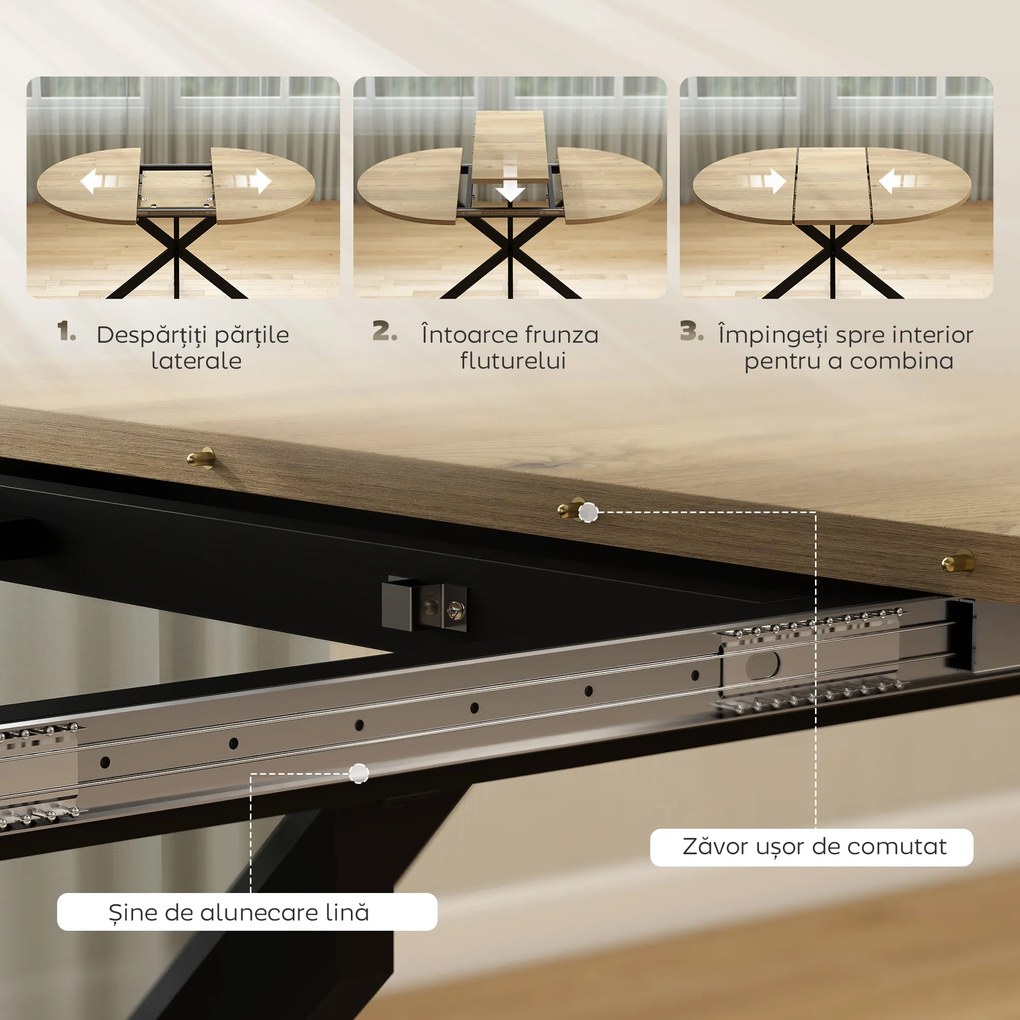 HOMCOM Extendable Dining Table for 4-6, 100-135 cm Industrial Kitchen Table with Butterfly Leaf and X-Shape Base, Round to Oval for Dining Room, Living Room, Natural Wood Finish | Aosom Romania
