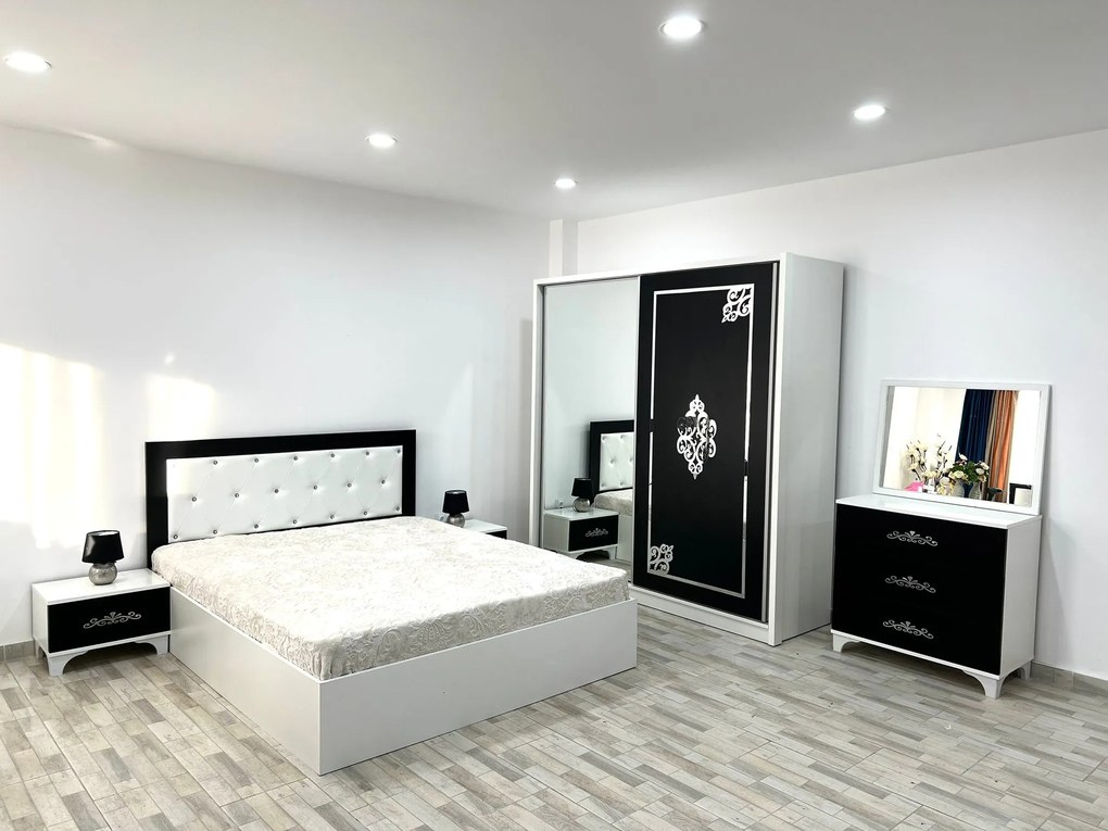 Dormitor Milano, culoare alb / negru, cu pat tapitat 160 x 200 cm, dulap cu 2 usi, comoda cu oglinda, 2 noptiere