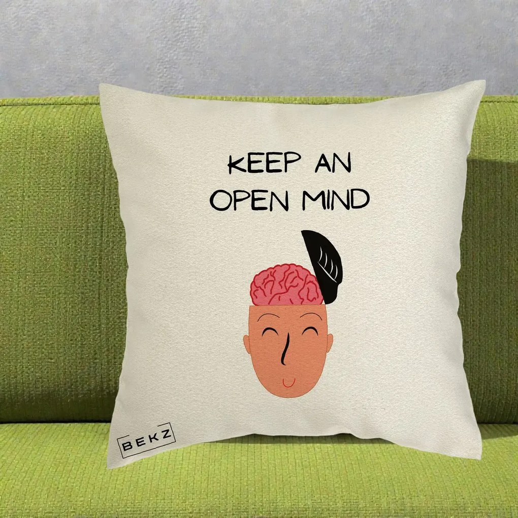 Perna Decorativa Keep An Open Mind, 40x40 cm, Ecru, Husa Detasabila, Perna Inclusa, BEKZ®