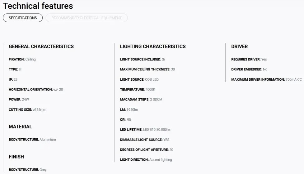 Spot LED incastrabil MINI-OPTIC Grey downlight LED CRI95 17/24W 4000K 20° 2110/2875 lm