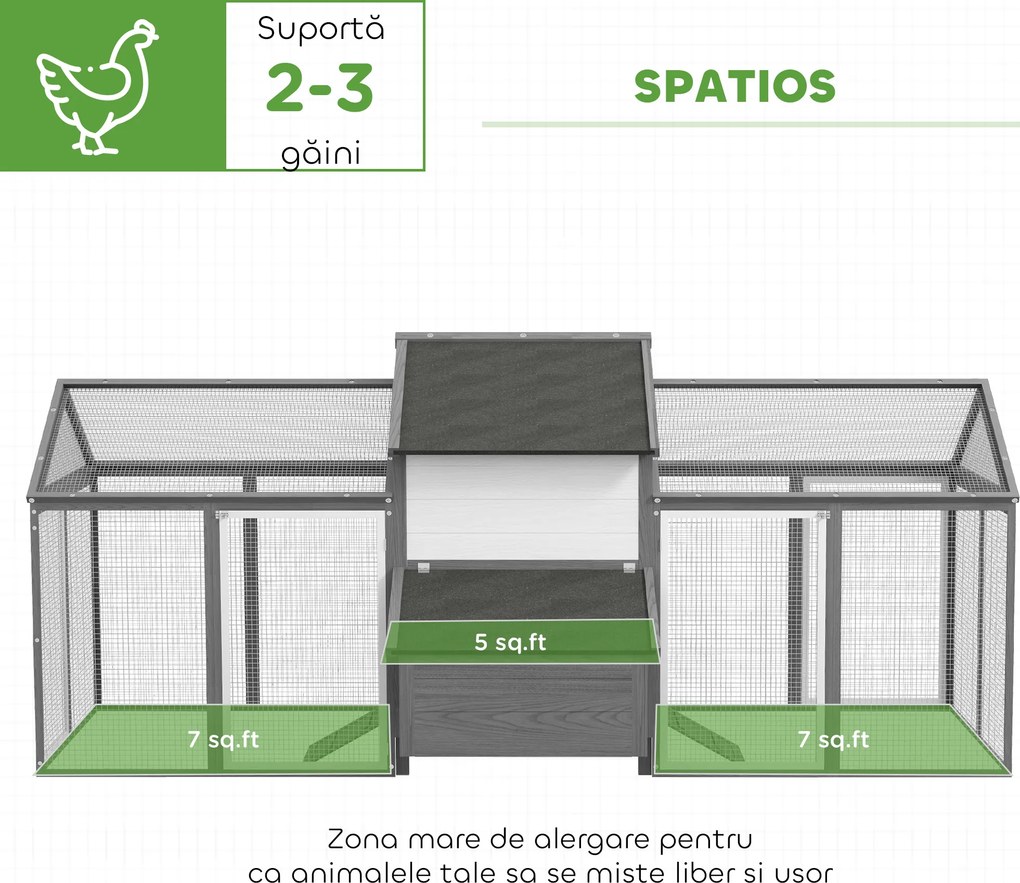 PawHut Coteț din Lemn pentru Găini Ouașe de Exterior cu 2 Recinții Laterale, Cuibar, Acoperiș Impermeabil, Tavă Glisantă, Zonă de Odihnă, Uși și Rampă, pentru 2-4 Găini, 247x118x113.5cm, Gri | Aosom Romania
