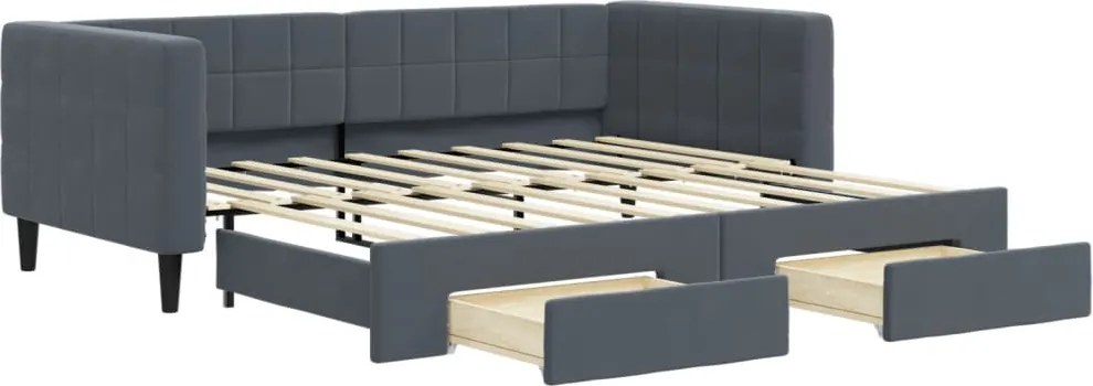 vidaXL Pat de zi cu extensie și sertare, gri închis, 90x190cm catifea