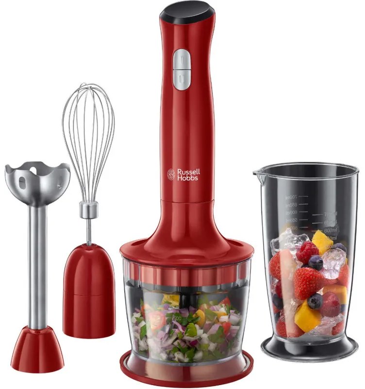 Blender, tocator si mixer 3in1 Russell Hobbs Desire 24700-56, 500W, 2 viteze + Puls, Tel, Tocator, Pahar Gradat, Functie pulse, Rosu