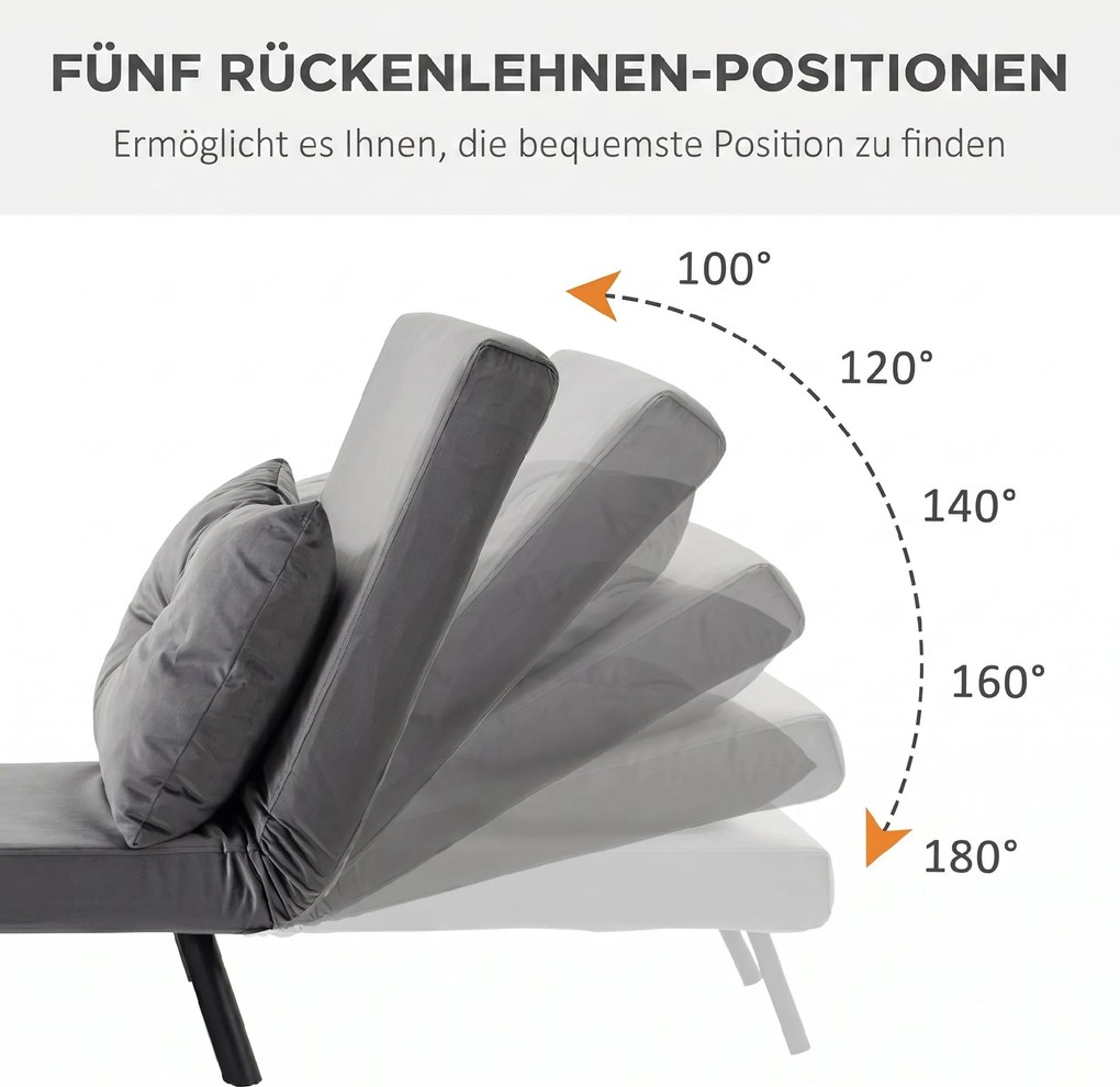 HOMCOM Canapea Extensibilă cu Spătar Reglabil pe 5 Nivele, Canapea Pat Individuală Pliabilă cu Perne, 63x73x81 cm, Gri | Aosom Romania