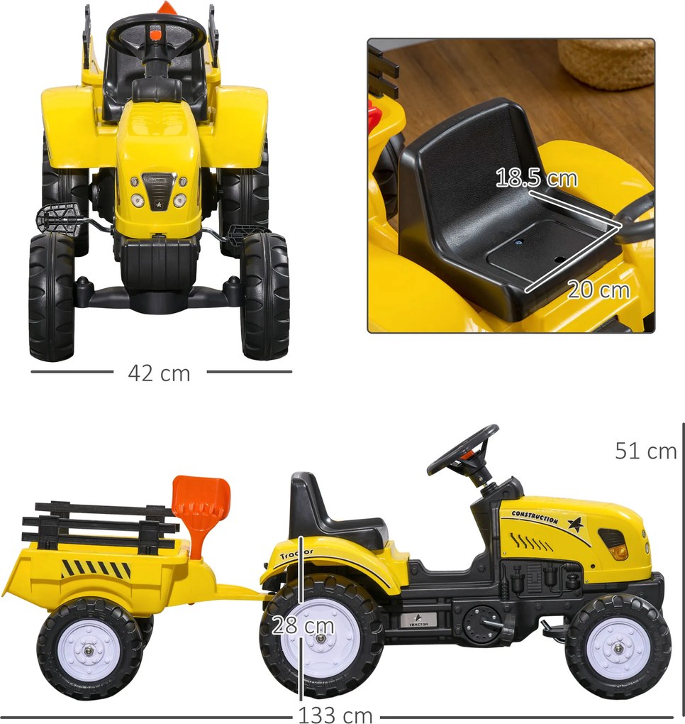 HOMCOM Tractor de Pedalat pentru Copii de 3+ Ani cu Remorcă, Greblă, Lopată și Claxon, 133x42x51 cm, Galben | Aosom Romania