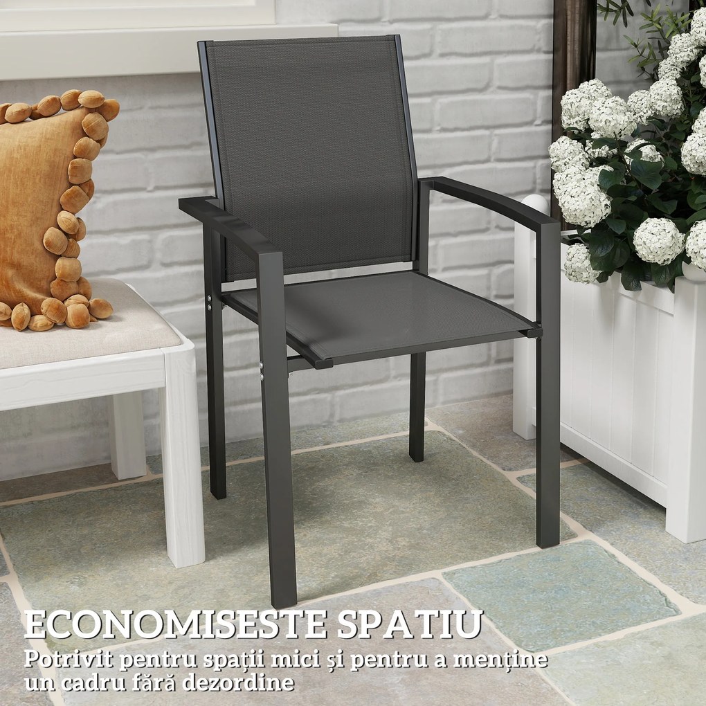 Outsunny Set de 2 Scaune de Grădină cu Cadru din Aluminiu, Plasă Respirabilă și Cotiere, 56x58x89 cm, Gri Închis | Aosom Romania