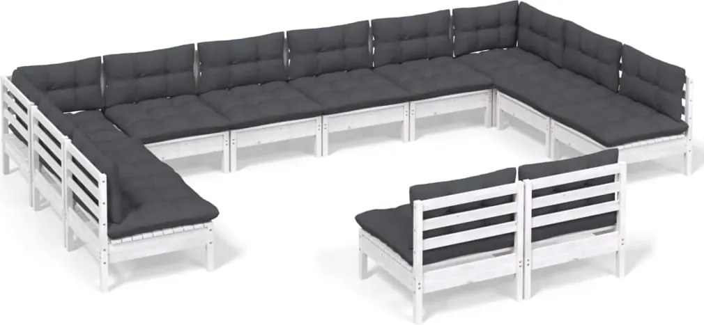 vidaXL Set mobilier de grădină cu perne, 12 piese, alb, lemn masiv pin