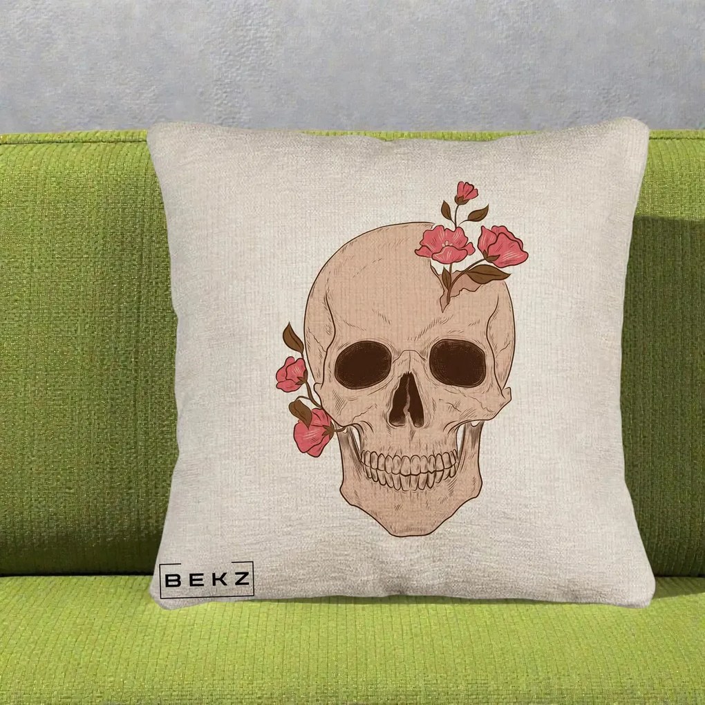 Perna Decorativa Craniu Floral Gothic, 40x40 cm, Bej Canapea, Husa Detasabila, Perna Inclusa, BEKZ®