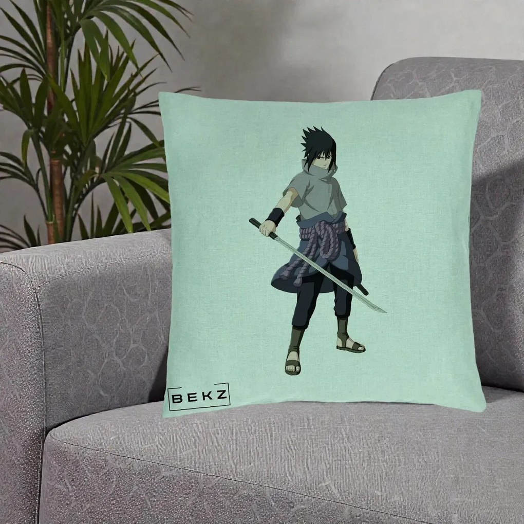 Perna Personalizata Naruto Sasuke Uchiha cu Sabia, 40x40 cm, Verde Menta, Husa Detasabila, Perna Inclusa, BEKZ®