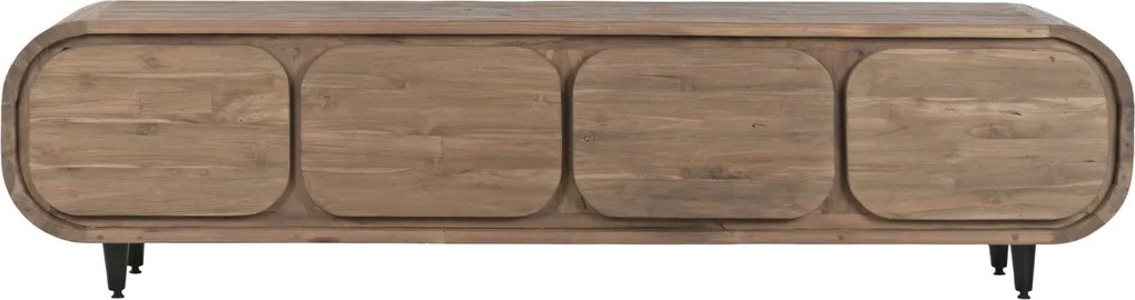 Comodă TV lungă din lemn de tec reciclat, maro, cu 4 sertare și picioare metalice, aspect rustic, 50 x 200 x 45 cm, „Granville”