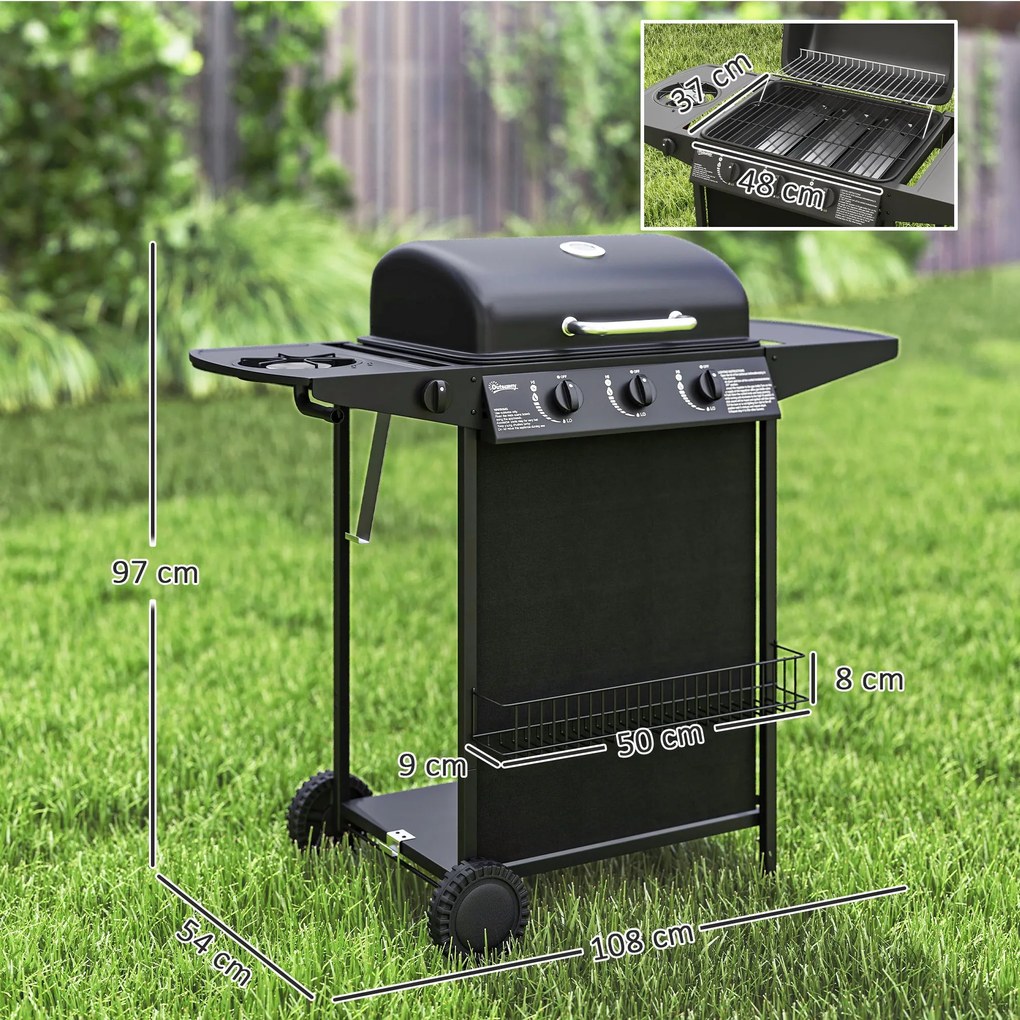 Outsunny Grătar pe Gaz cu Capac, Termometru, Masă Laterală și Tavă pentru Colectarea Grăsimii, 108x54x97 cm, Negru | Aosom Romania