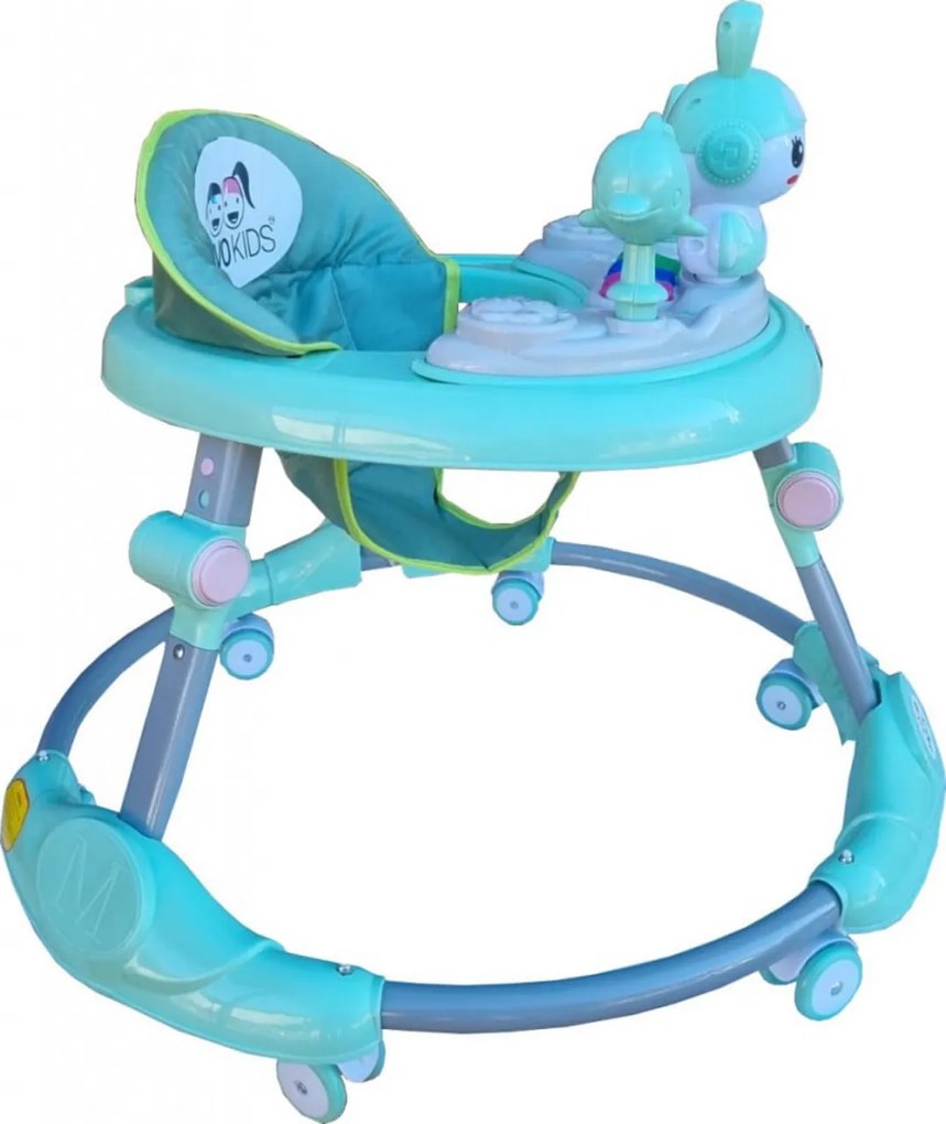 Premergator reglabil in 6 trepte de inaltime NOVOKIDS™ Happy Bunny, Cu melodii si lumini, Pliabil, Max 20 kg, Roti silentioase, Model Iepuras, Verde