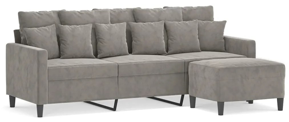 3153471 vidaXL Canapea cu 3 locuri și taburet, gri deschis, 180 cm, catifea