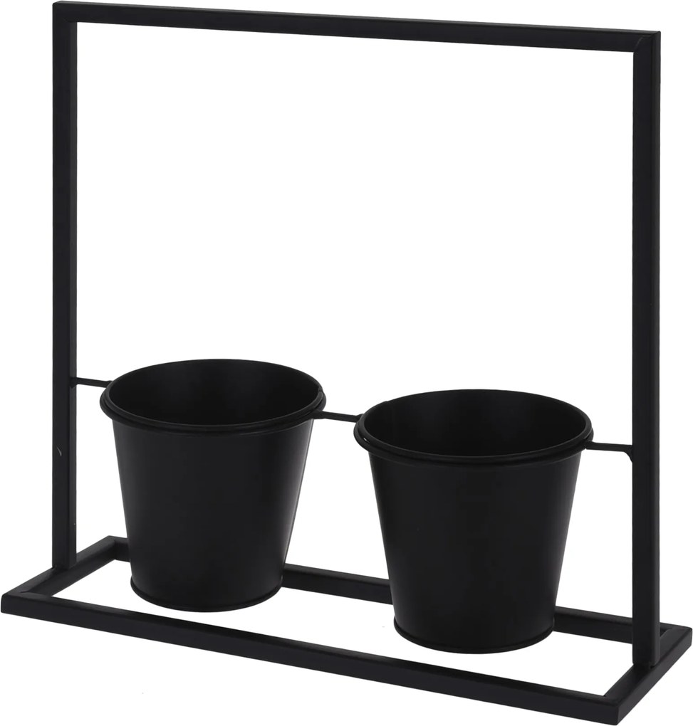 Suport metalic negru pentru flori, cu 2 ghivece, dimensiune suport 30x31 cm