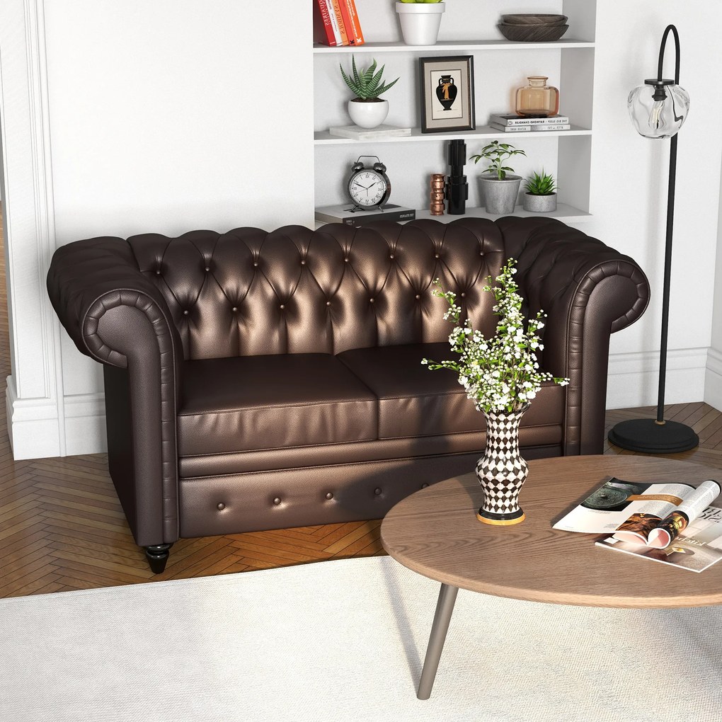 HOMCOM Canapea cu 2 locuri in stil Chesterfield din piele ecologica, lemn si metal, canapea clasica cu perna detasabila, 160x84x80 cm, maro