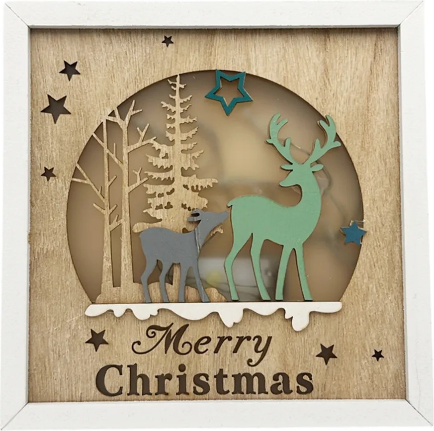 Tablou Decorativ cu LED MERRY CHRISTMAS ,   Scena de Iarna cu Reni, 21cm