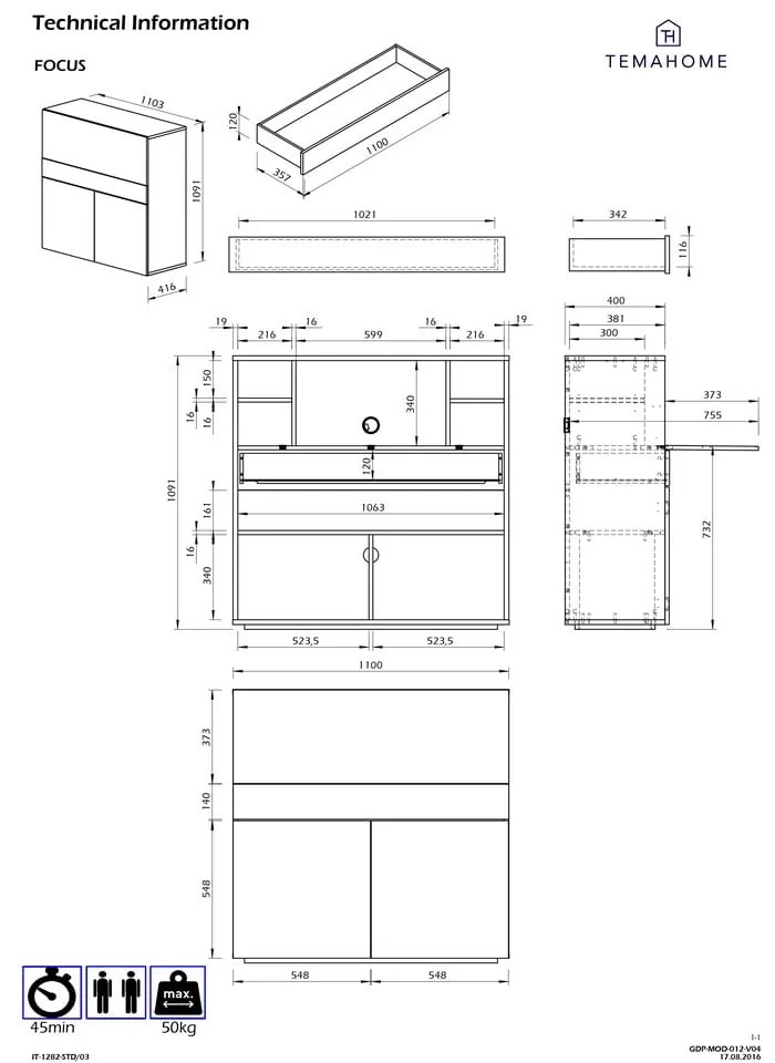 Birou cu dulap Focus White/Oak, 110 x 42 x 109 cm