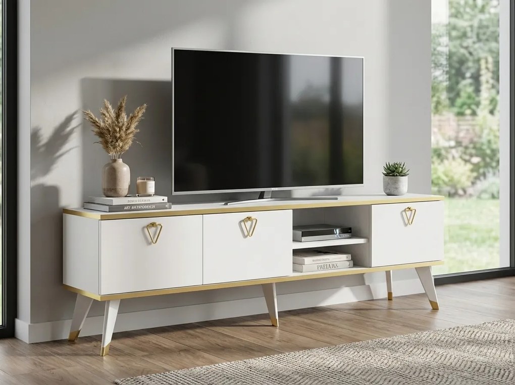 OFERTA Comoda TV CAROL 160 cm, alb/auree II. calitate