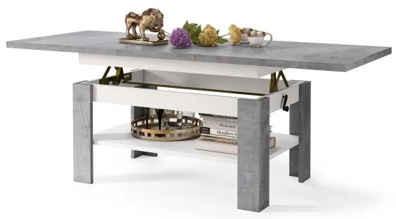 Masă extensibilă pentru living și dining ROY, cu blat rabatabil, gri beton/alb