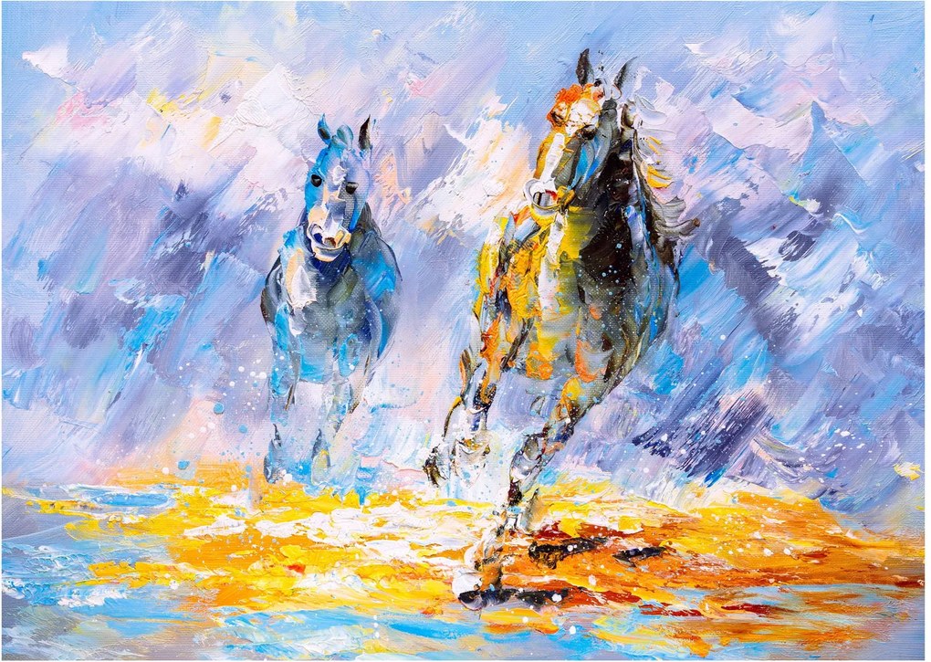 Tablou pe sticlă - Caii alergând, pictură în ulei (70x50 cm)