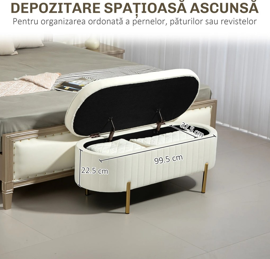 HOMCOM Bancă de Depozitare de Intrare Ovală 72L, Design Canelat cu Capac Rabatabil și Scaun Capitonat, Bancă de la Capătul Patului, Pouf, în Velur și cu Picioare din Lemn de Pin, 108x44x43.5 cm, Crem | Aosom Romania
