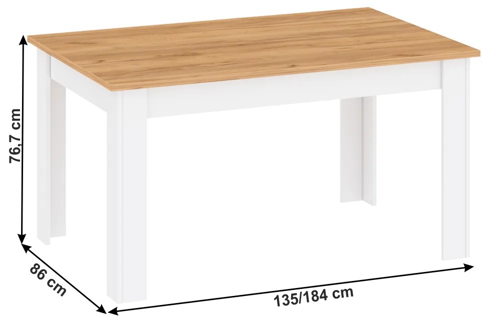 Masa dining, alb alba  stejar craft auriu, 135-184x86 cm, LANZETTE S