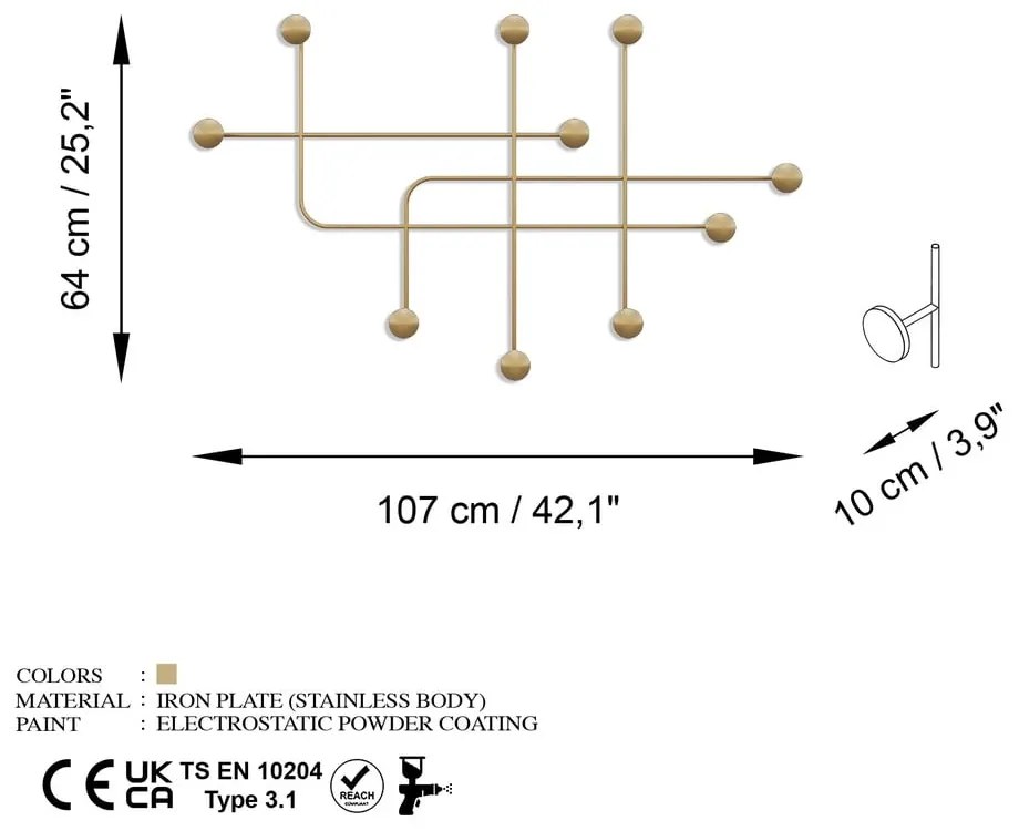 Cuier de perete auriu din metal Dama – Kalune Design