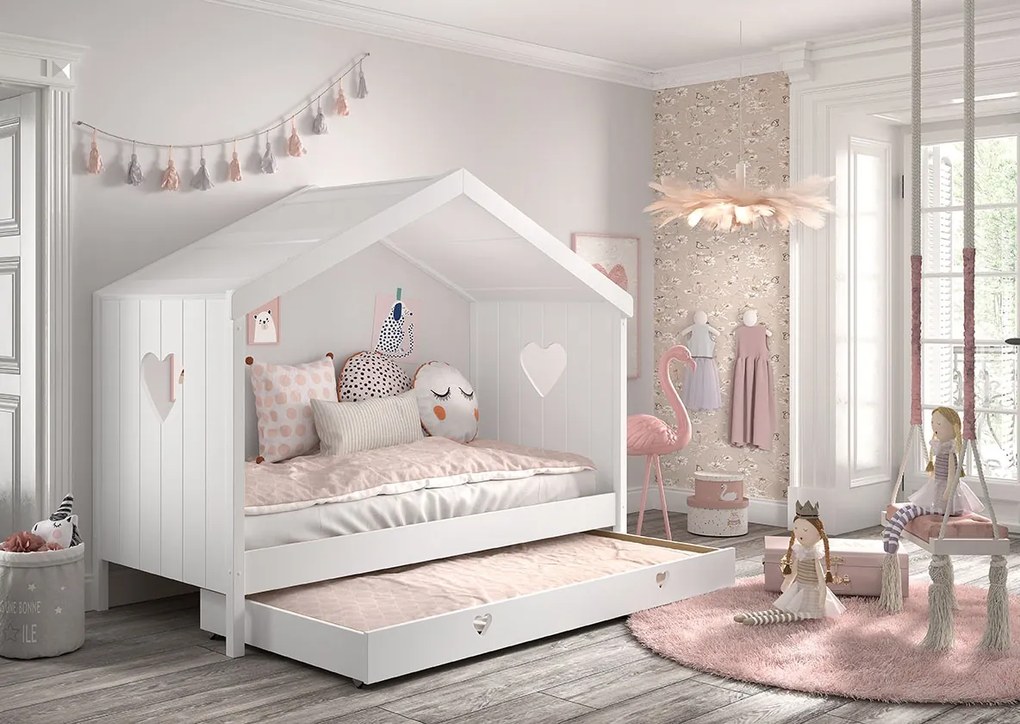 Pat Căsuță AMORI pentru Copii, 90x200 cm, Alb, cu Sertar Multifuncțional – Vipack