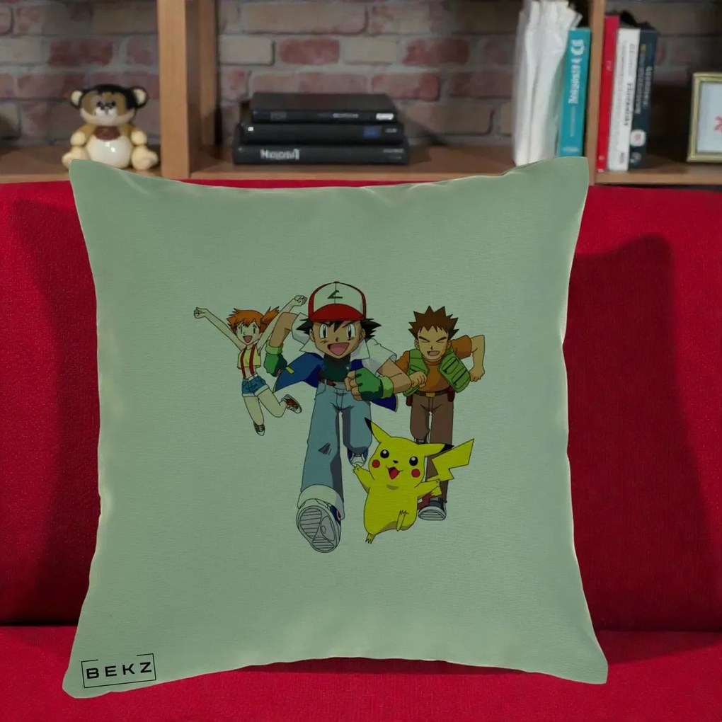 Perna Personalizata Pokemon Ash Misty Brock si Pikachu, 40x40 cm, Verde, Husa Detasabila, Perna Inclusa, BEKZ®