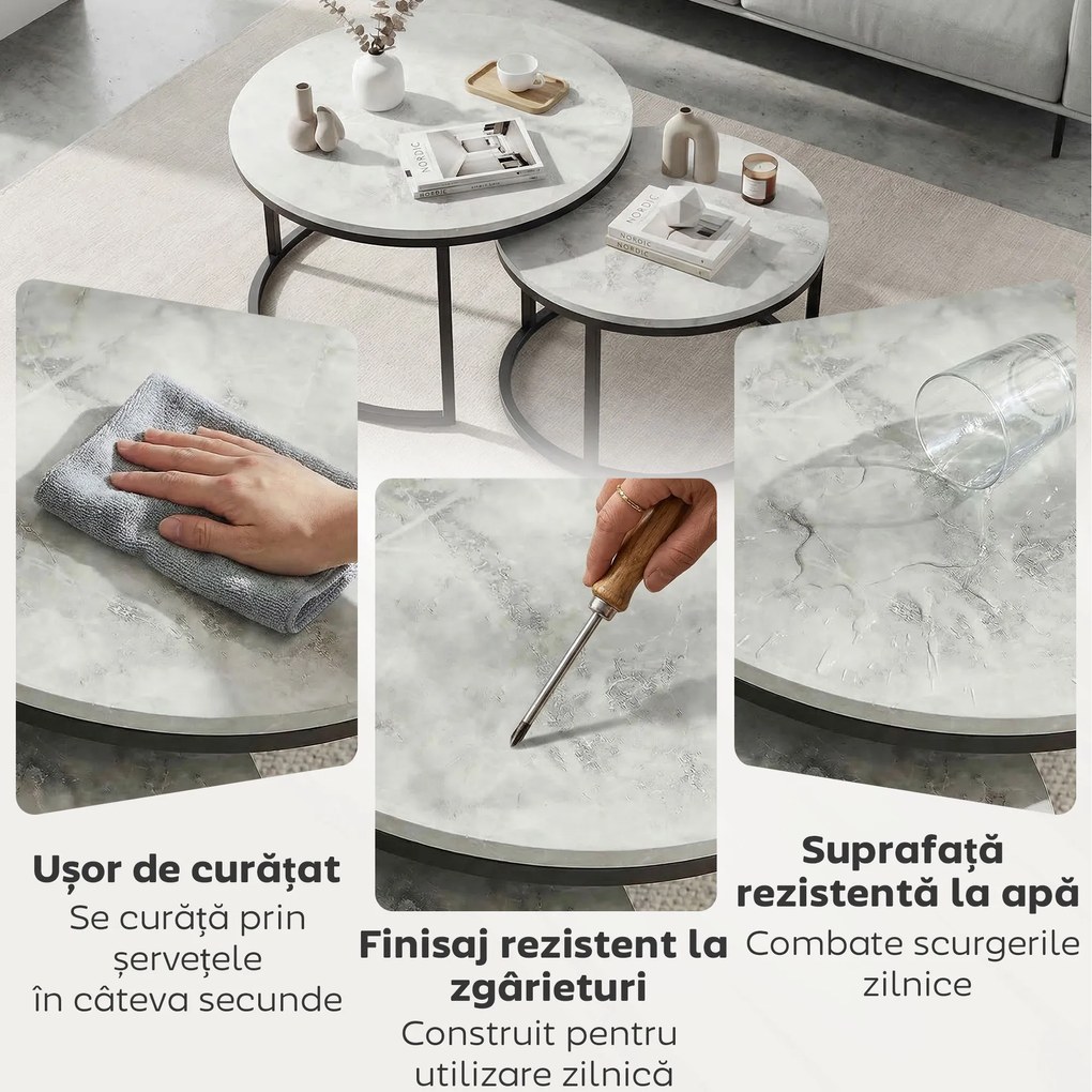 HOMCOM Set 2 Masute de Cafea care se Suprapun, Masute pentru Salon Rotunde din Metal si MDF Efect Marmura, Gri si Negru