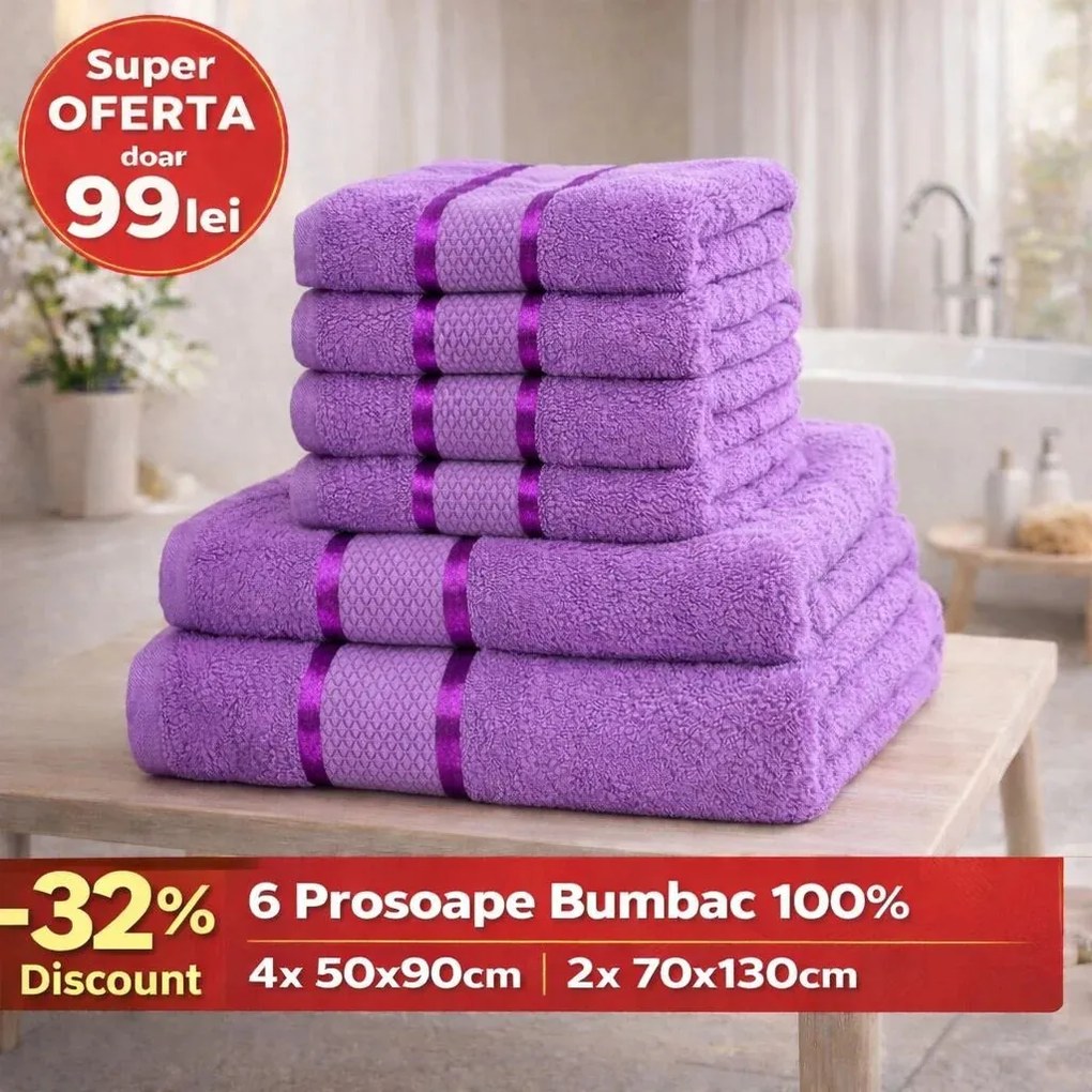 Set 6 Prosoape ROYAL Premium – 100% Bumbac Pieptănat, 550 g/mp, Ultra-Absorbante și Pufoase