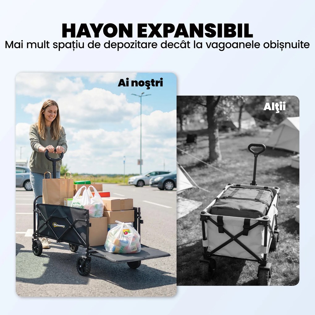 Outsunny Cărucior de Grădină 72L Pliabil cu Mâner Reglabil, din Oțel și Material Oxford, 114x46x92 cm, Negru | Aosom Romania