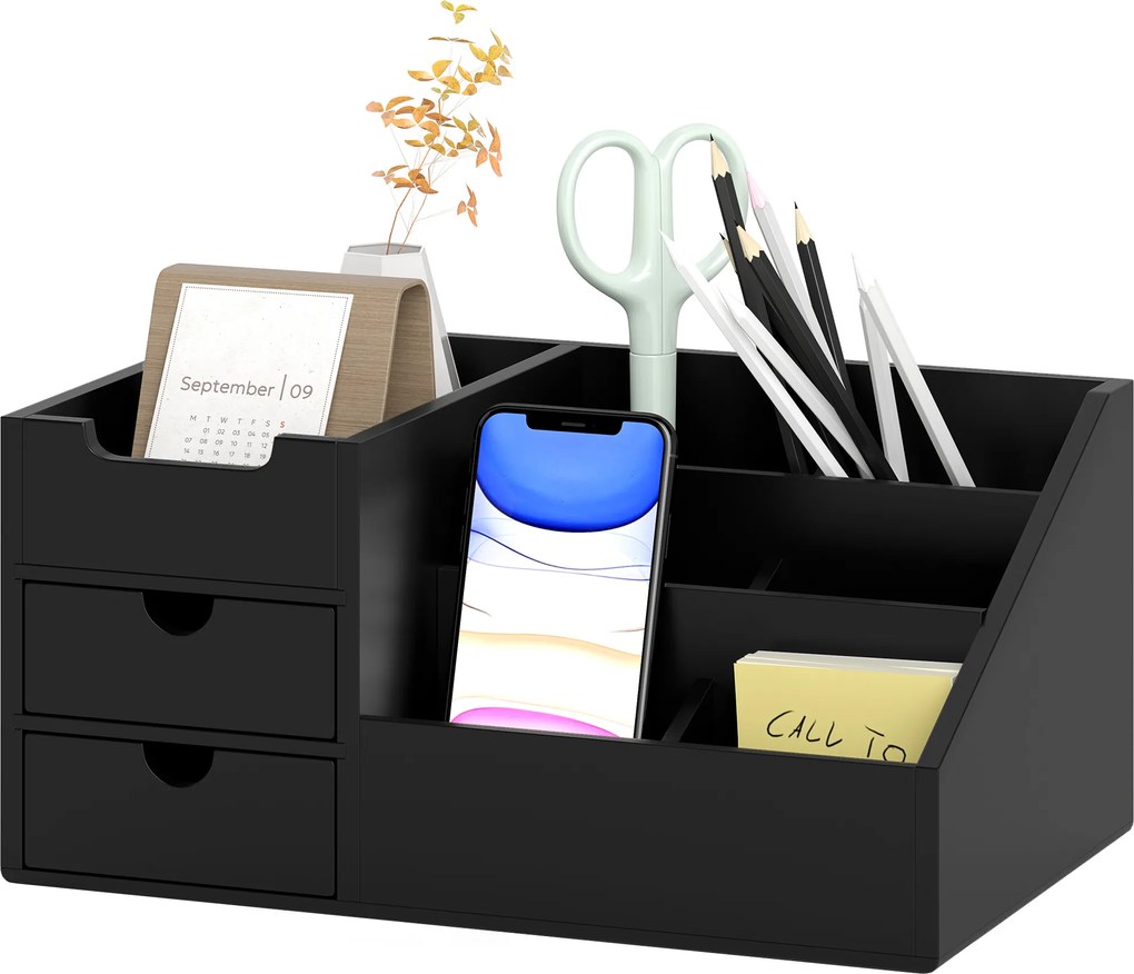 HOMCOM Cutie de Depozitare de Birou - Organizator de Birou - 7 Compartimente, 2 sertare - Bambus Lacuit Negru | Aosom Romania