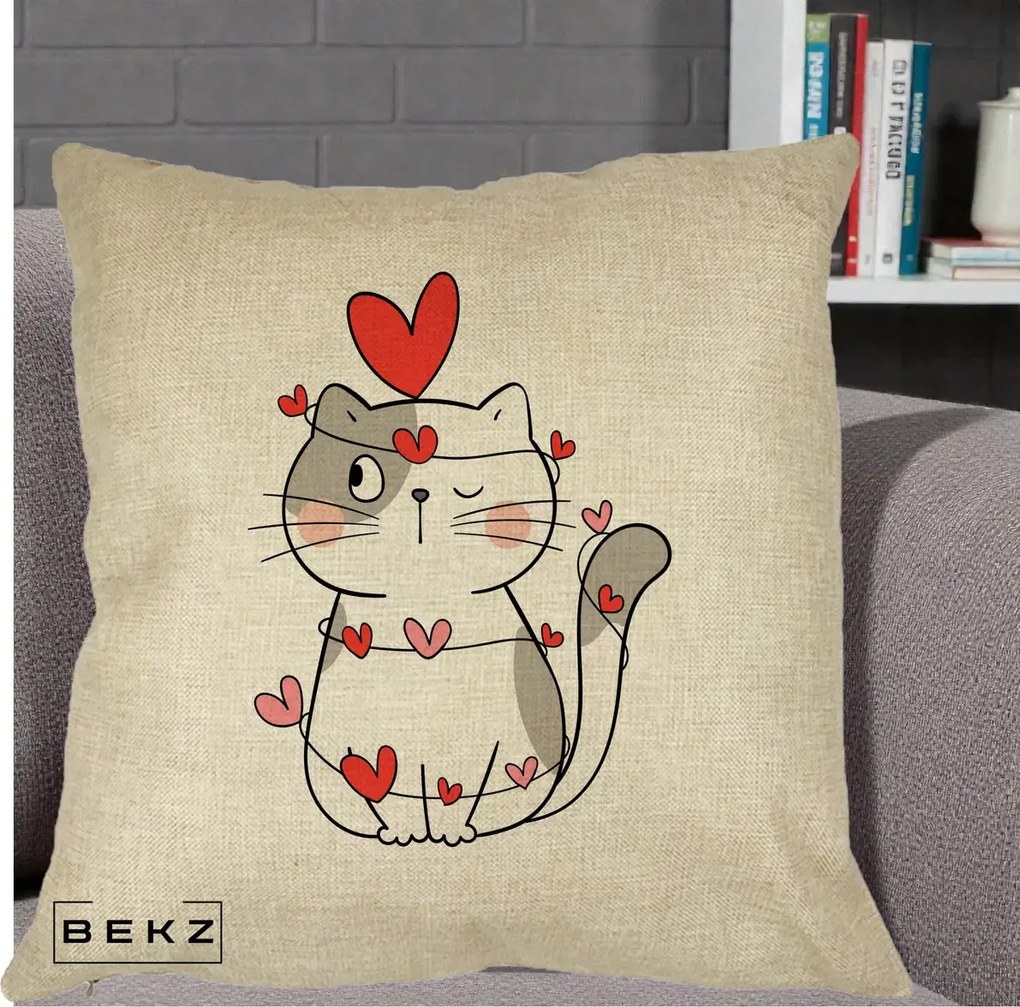 Perna Decorativa Pisica Kawaii cu Inimi, 40x40 cm, Crem, Husa Detasabila, Perna Inclusa, BEKZ®