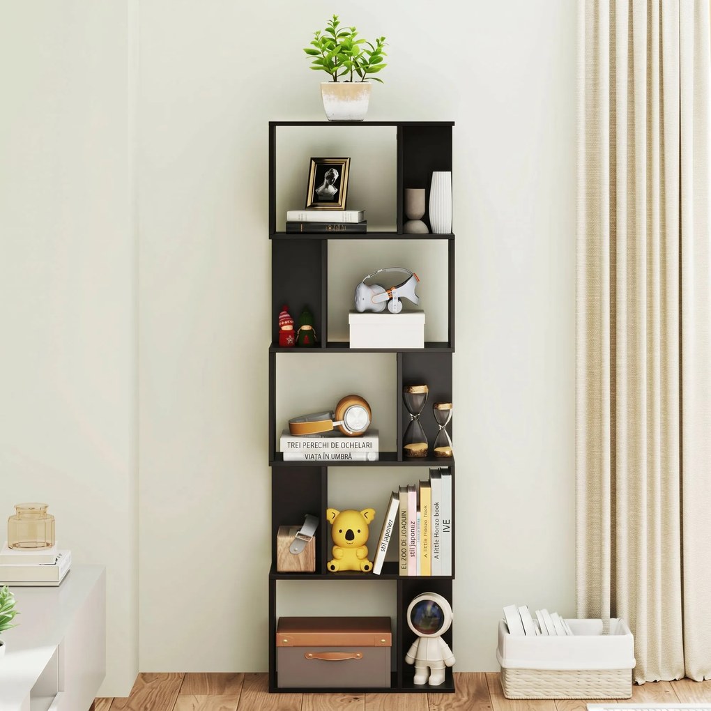 HOMCOM Bibliotecă cu 5 Rafturi Divizate în Formă de S din Lemn, 60x24x184.5 cm, Negru | Aosom Romania