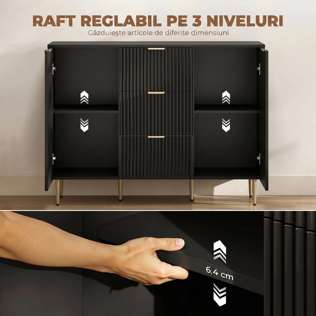 HOMCOM Servantă Modernă cu 3 Sertare și 2 Dulapuri, Negru | Aosom Romania